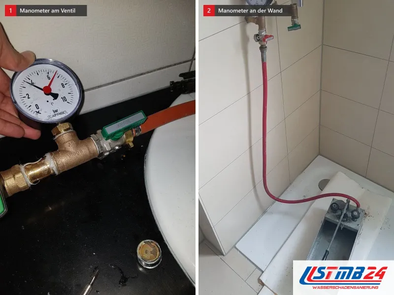Zwei Ansichten: Manometer am Messingventil, in der Hand gehalten, daneben Manometer an einer Wandleitung, roter Schlauch