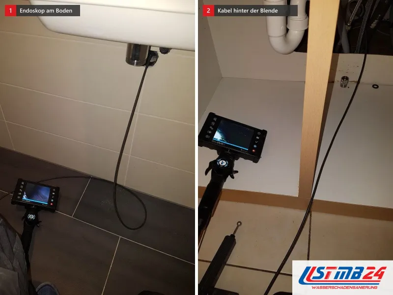 Zwei Ansichten: Endoskop auf dem Fliesenboden unter dem Waschbecken, daneben Videoendoskop mit Monitor unter dem Waschtisch