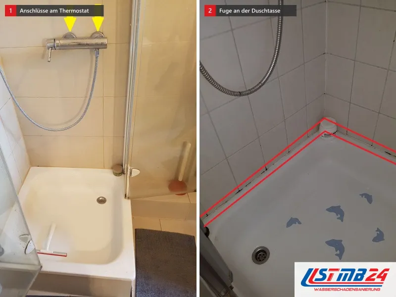 Zwei Ansichten: Dusche mit Thermostat, gelbe Pfeile auf die Anschlüsse, daneben rote Linien markieren die Silikonfuge zwischen Duschtasse