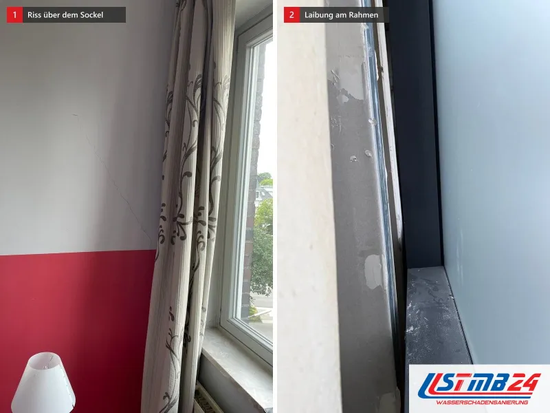 Zwei Ansichten: Wand mit rotem Sockelanstrich am Fenster, daneben Fensterlaibung am Rahmen, andere Ansicht