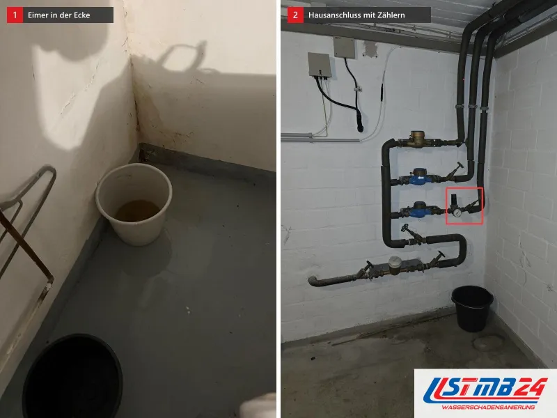 Zwei Ansichten: weißer Eimer in der Kellerecke fängt braunes Wasser auf, daneben Hausanschluss im Keller mit mehreren Wasserzählern