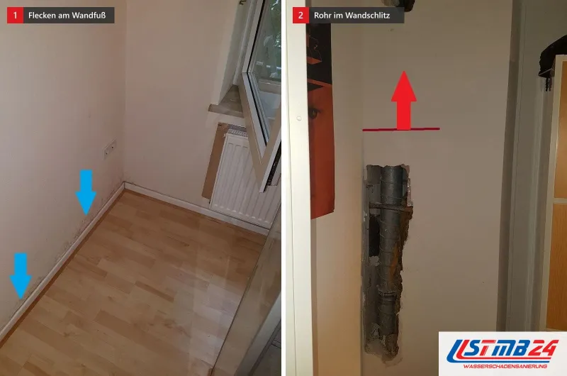 Zwei Bilder: Zimmer mit Laminat, blaue Pfeile auf dunkle Flecken am Wandfuß, und ein Wandschlitz mit freigelegtem Rohr, darüber ein roter Pfeil
