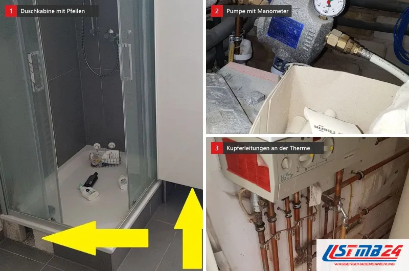 Drei Bilder: ein Bad mit Duschkabine und gelben Pfeilen, eine Heizungspumpe mit Manometer und Kupferleitungen unter einer Gastherme