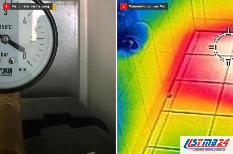 Zwei Bilder: ein Manometer einer Heizungsanlage aus der Nähe und eine warme Fläche im Wärmebild vor einem WC