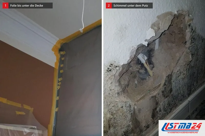 Zwei Bilder: Folie mit gelben Klebestreifen bis unter die Decke und eine Wand mit abgeplatztem Putz und Schimmel
