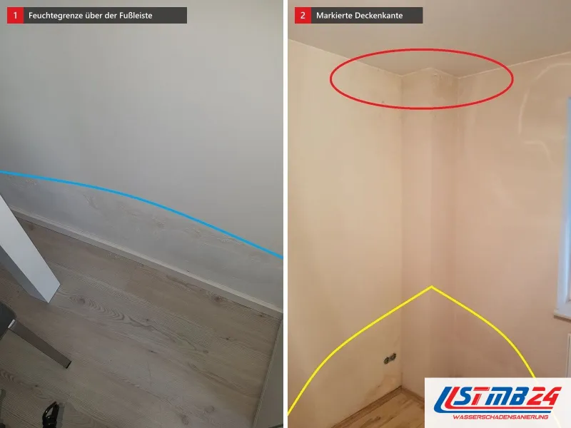 Zwei Ansichten: helle Wand mit blauer Feuchtegrenze über der Fußleiste und Vinylboden, daneben Raumecke mit rot markierter Deckenkante