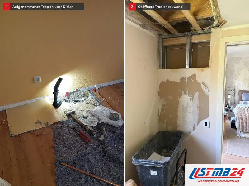 Zwei Ansichten: Zimmer mit Holzdielen und an der Wand aufgenommenem Teppich, daneben geöffnete Trockenbauwand mit Metallprofilen und Deckenbalken