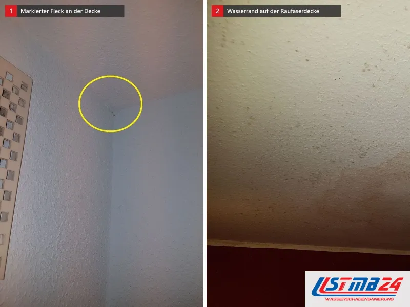 Zwei Ansichten: Raumecke mit gelb umkreistem Fleck an der Decke, daneben Raufaserdecke mit großem braunem Wasserrand über rot gestrichenen Wänden