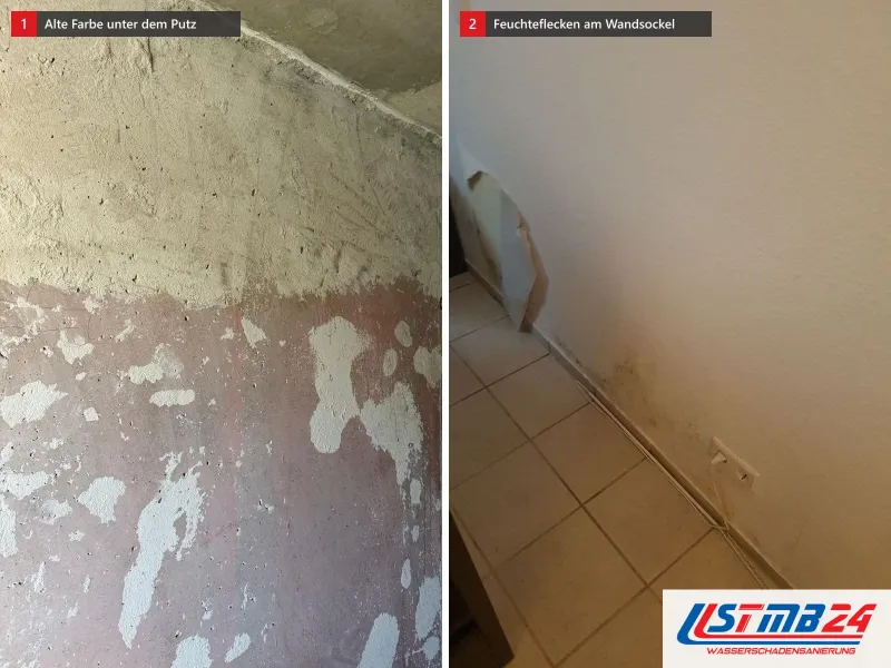 Zwei Ansichten: Wand mit Resten rosa Farbe und Spachtelflecken unter grauem Putz, daneben Wand über Bodenfliesen mit dunklen Feuchteflecken am Sockel