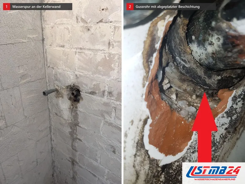 Zwei Ansichten: weiß gestrichene Ziegelwand im Keller mit Rohrstutzen und dunkler Wasserspur zum Bodenablauf, daneben Gussrohr mit rotem Pfeil
