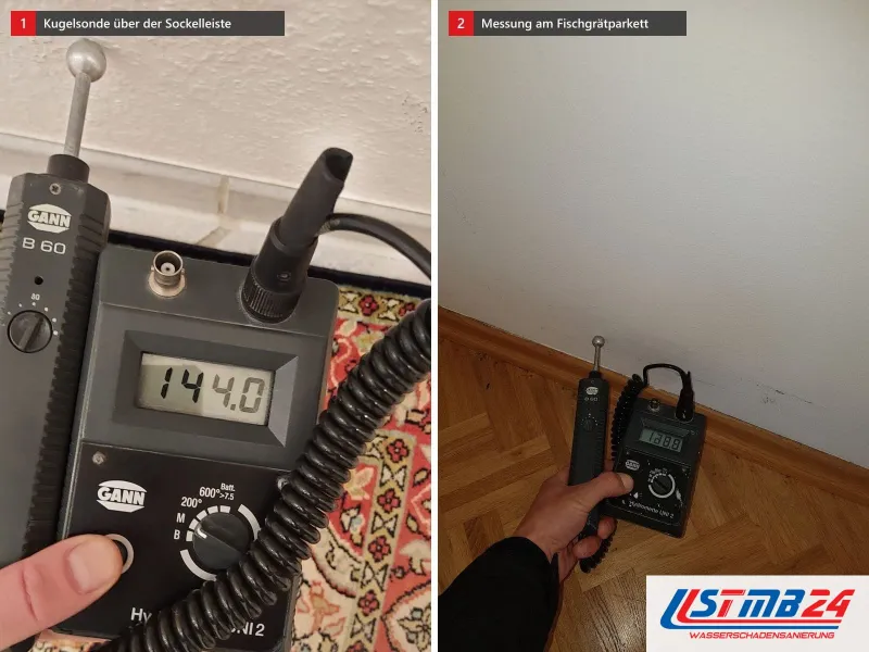Zwei Ansichten: Feuchtigkeitsmessung mit Kugelsonde an der Wand über der Sockelleiste, daneben Messgerät am Wandsockel über einem Fischgrätparkett