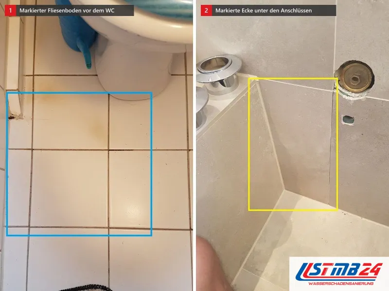 Zwei Ansichten: Fliesenboden vor dem WC mit blauem Rahmen, daneben großformatige Wandfliesen mit gelb eingerahmter Ecke unter den Anschlüssen