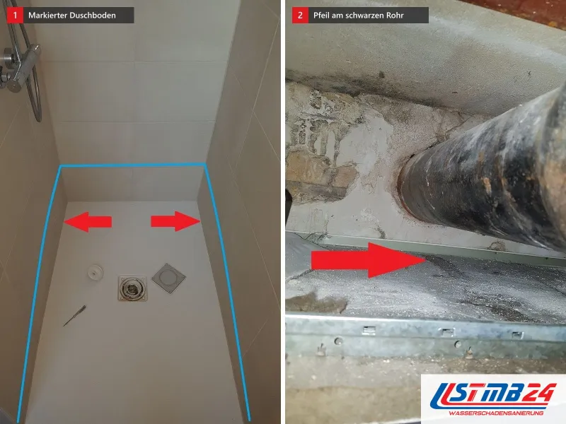 Zwei Ansichten: Duschboden mit blauem Rahmen und roten Pfeilen am Ablauf, daneben schwarzes Rohr über einer Metallkante mit rotem Pfeil