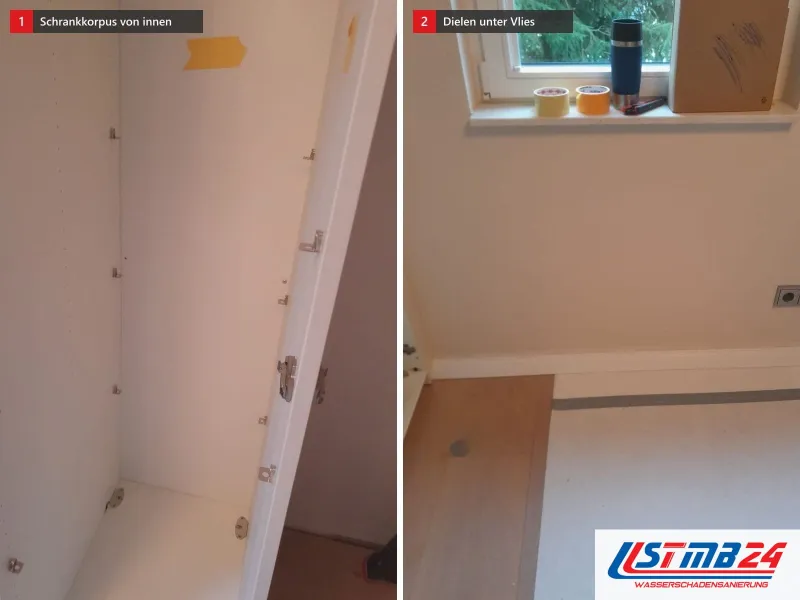 Zwei Ansichten: Schrankkorpus von innen mit Beschlägen, daneben Holzdielen teils mit Vlies abgedeckt und Klebebänder auf der Fensterbank