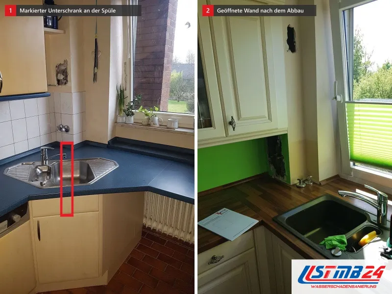 Zwei Ansichten: Eckspüle mit blauer Arbeitsplatte und rot markiertem Unterschrank, daneben dieselbe Küche nach dem Abbau mit geöffneter Wand