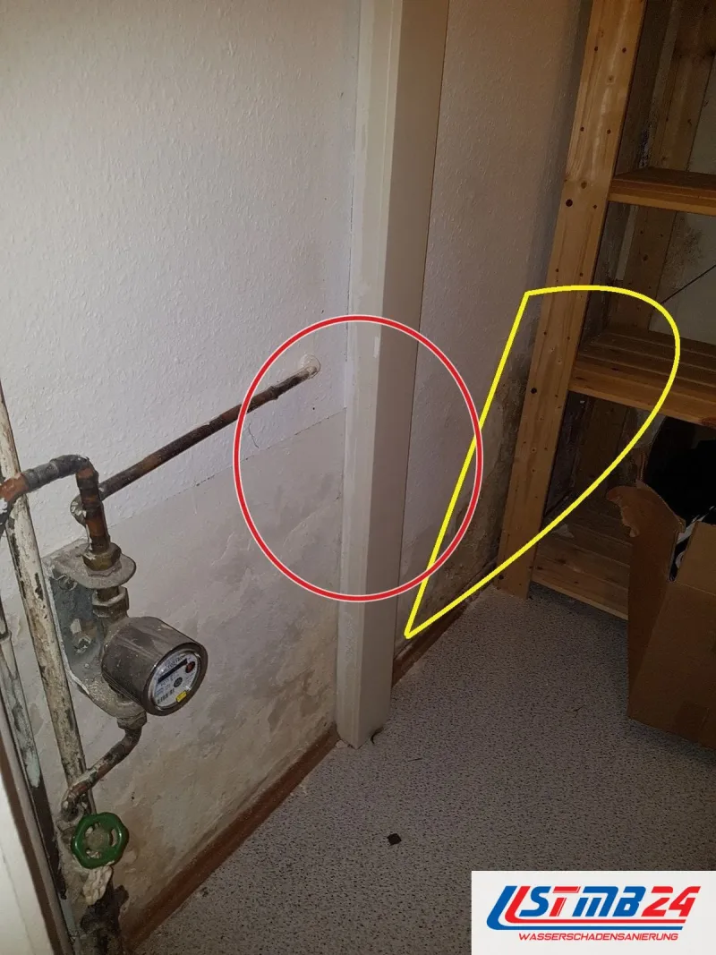Kellerraum mit Wasserzähler und Absperrventil an der Wand, die feuchte Ecke hinter dem Holzregal gelb markiert, ein roter Kreis markiert die Stelle