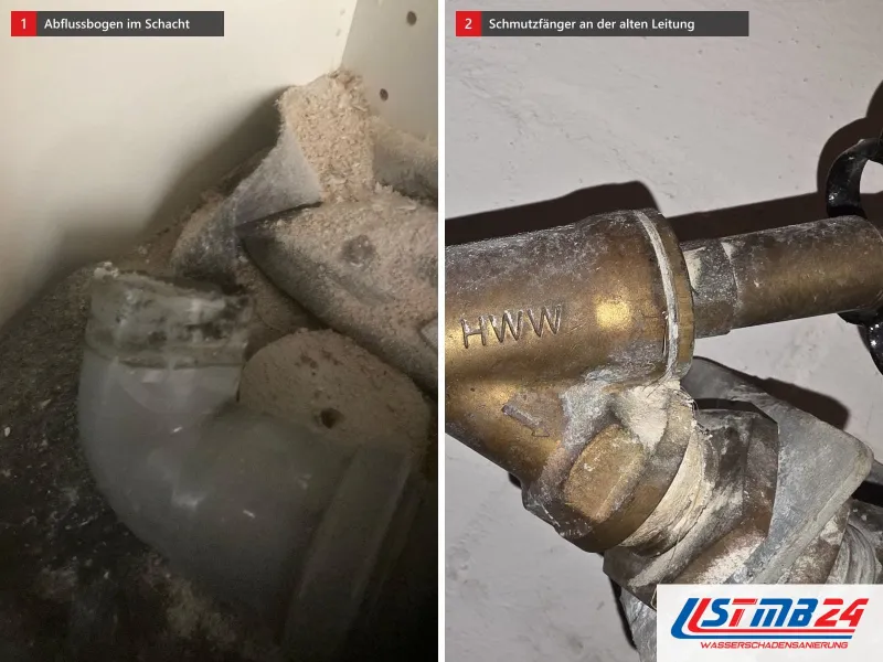 Zwei Ansichten: grauer Abflussbogen in einem Schacht voller Bauschutt, daneben Schmutzfänger aus Messing an einer alten Leitung