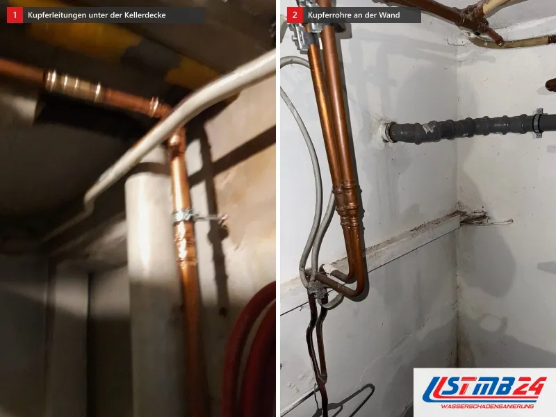 Zwei Ansichten: Kupferleitungen mit Pressverbindern unter einer Kellerdecke mit gelber Gasleitung, daneben Kupferrohre und Abflussrohr an weißer Wand