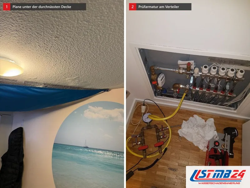 Zwei Ansichten: blaue Plane unter einer durchnässten Zimmerdecke, daneben offener Verteiler der Fußbodenheizung mit Prüfarmatur und gelben Schläuchen