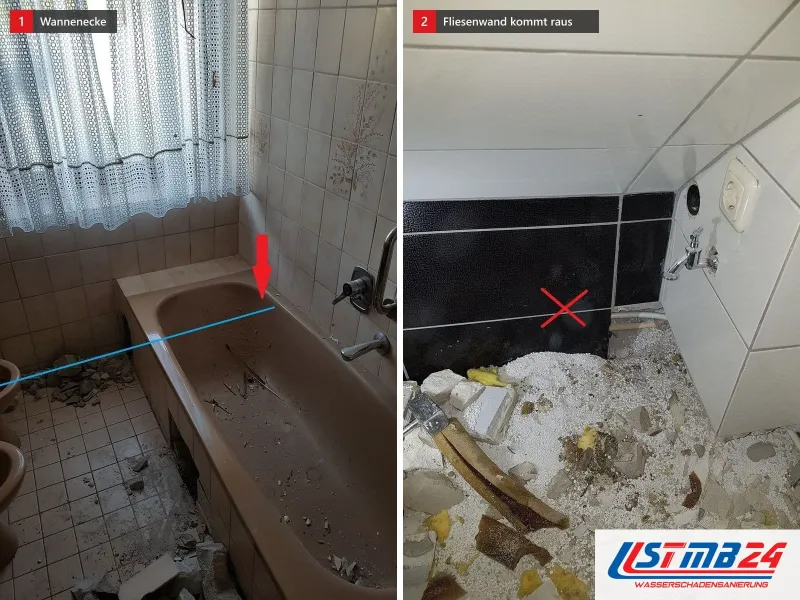 Zwei Ansichten: braunbeige Wanne mit Schutt, Linie und Pfeil an der Wannenecke, daneben Rückbau unter der Schräge mit rot angekreuzter Fliesenwand