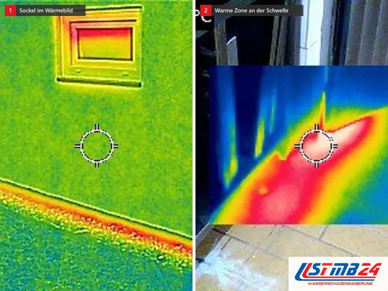 Zwei Wärmebilder: an einer Wand mit Fenster leuchtet der Sockel rot und gelb, daneben eine warme Zone über Bodenfliesen an einer Türschwelle