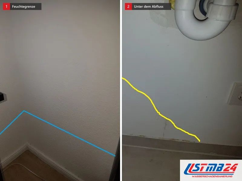 Zwei Ansichten: Wandecke mit blauer Linie an der Feuchtegrenze, daneben eine Wand unter einem Abflussbogen, gelb umrandet die feuchte Fläche
