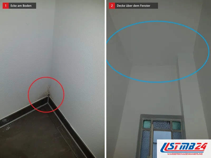 Zwei Ansichten: Wandecke über dunklem Boden mit rot umkreistem Fleck, daneben eine blau umkreiste Deckenfläche über einem Sprossenfenster
