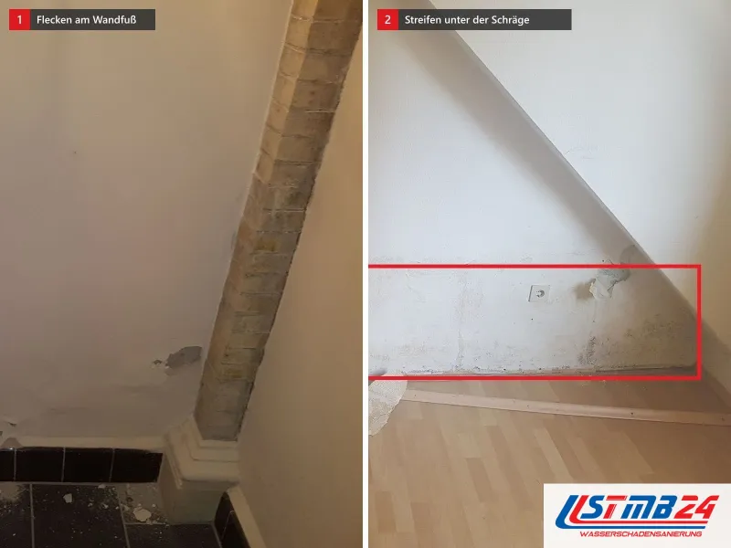 Zwei Ansichten: Wandfuß mit Flecken über dunklem Fliesenboden, daneben ein Zimmer unter der Schräge mit rot umrahmtem fleckigem Wandstreifen