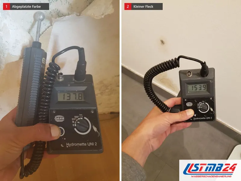 Zwei Messungen: 137,8 an einer Wand mit abgeplatzter Farbe, daneben 153,9 vor einer Wand mit kleinem Fleck