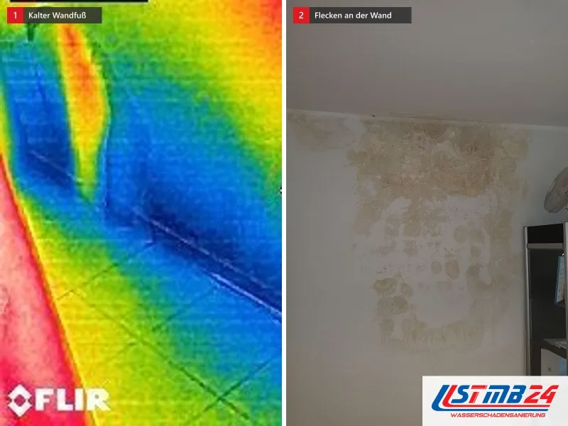 Zwei Ansichten: Wärmebild mit tiefblauem Boden und Wandfuß, die Wand darüber gelb bis rot, daneben eine Wand mit großflächigen Flecken