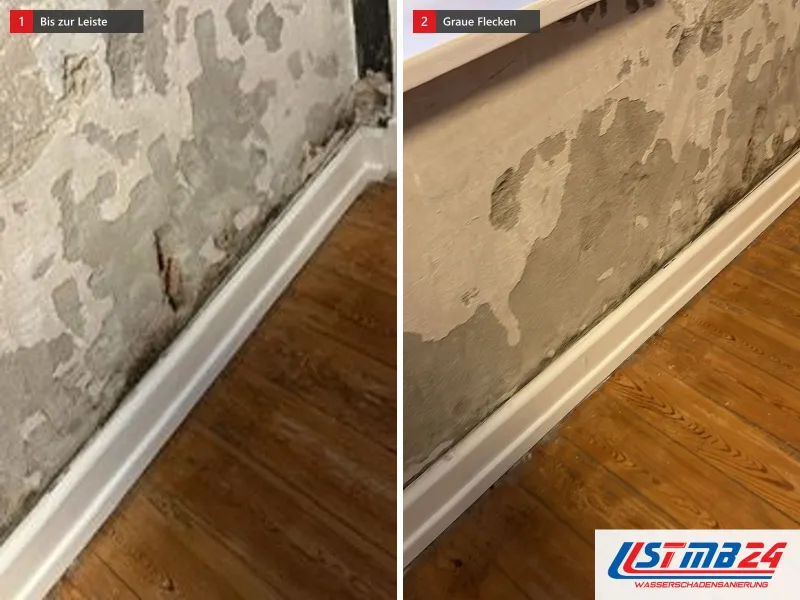 Zwei Ansichten: Wand mit fleckig abgelöstem Anstrich bis zur Sockelleiste über alten Dielen, daneben abgeplatzte Farbe mit grauen Flecken
