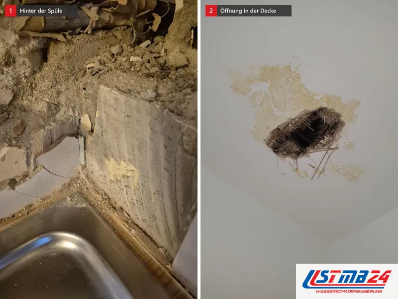 Zwei Ansichten: Wandecke hinter einer Edelstahlspüle mit abgeschlagenem Putz, daneben eine Deckenöffnung mit braunem Wasserrand