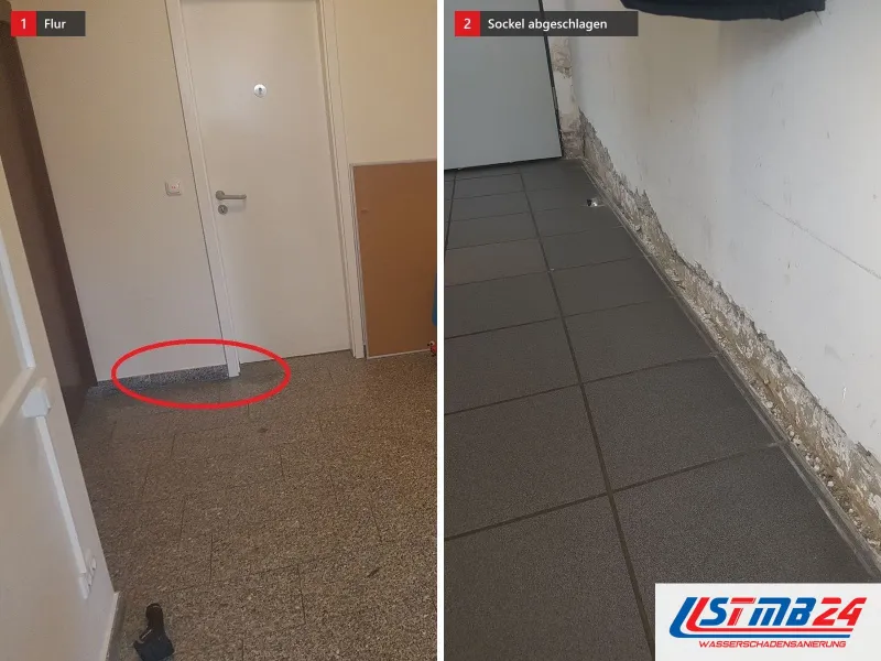 Zwei Ansichten: Flur mit Steinboden und rot umkreister Stelle am Wandfuß, daneben eine Wand über grauen Fliesen mit abgeschlagenem Sockelputz