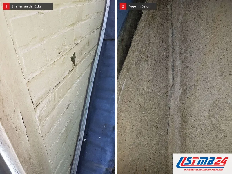 Zwei Ansichten: weiß gestrichene Klinkerwand mit dunklem Streifen an der Ecke, daneben eine Betonwand mit senkrechter Fuge