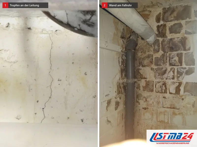 Zwei Ansichten: Rohre unter einer Kellerdecke mit Tropfen, gelben Laufspuren und Riss, daneben eine Wand ohne Putz mit grauem Fallrohr