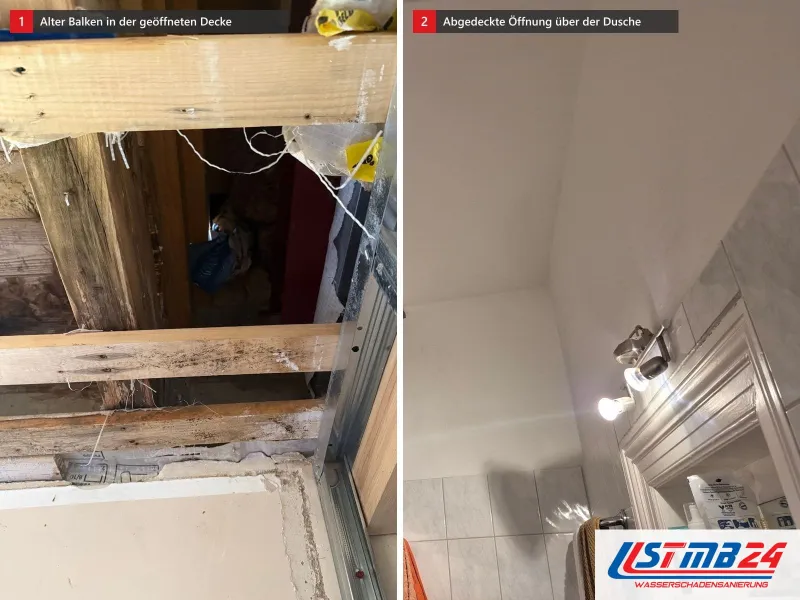 Zwei Ansichten: geöffnete Decke mit dunklem Holzbalken und Metallprofil einer Trockenbauwand, daneben Baddecke mit Folie über einer gestützten Öffnung