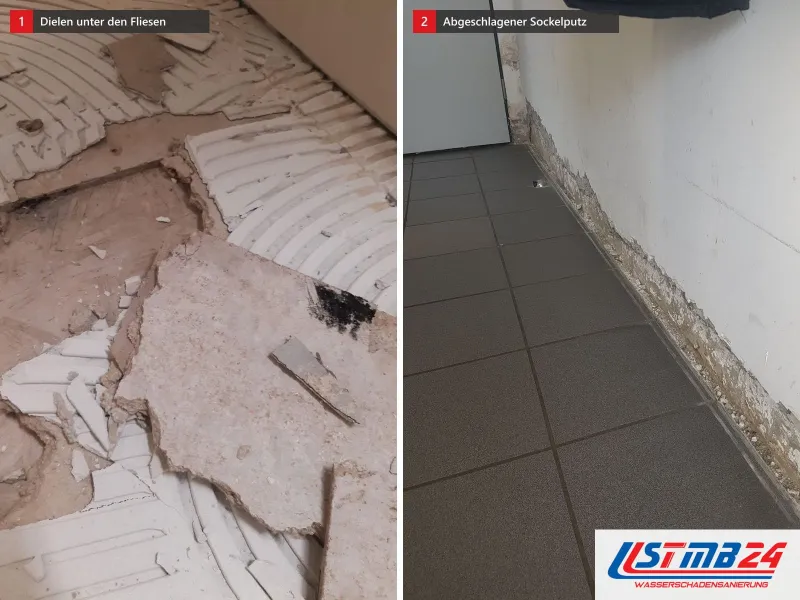 Zwei Ansichten: Boden mit aufgenommenen Fliesen und alten Holzdielen darunter, daneben Wand mit streifenweise abgeschlagenem Sockelputz