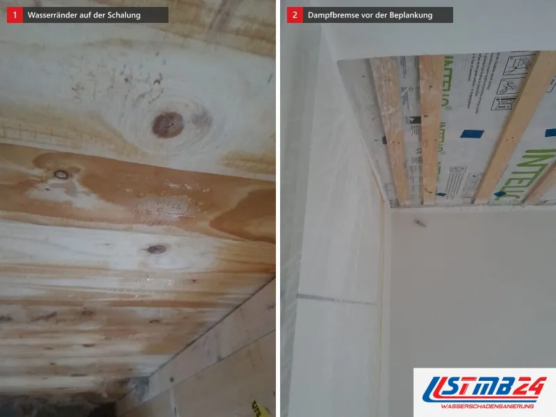 Zwei Ansichten: Holzschalung mit hellen Wasserrändern, daneben Decke mit Dampfbremsbahn und Holzlattung vor dem Beplanken