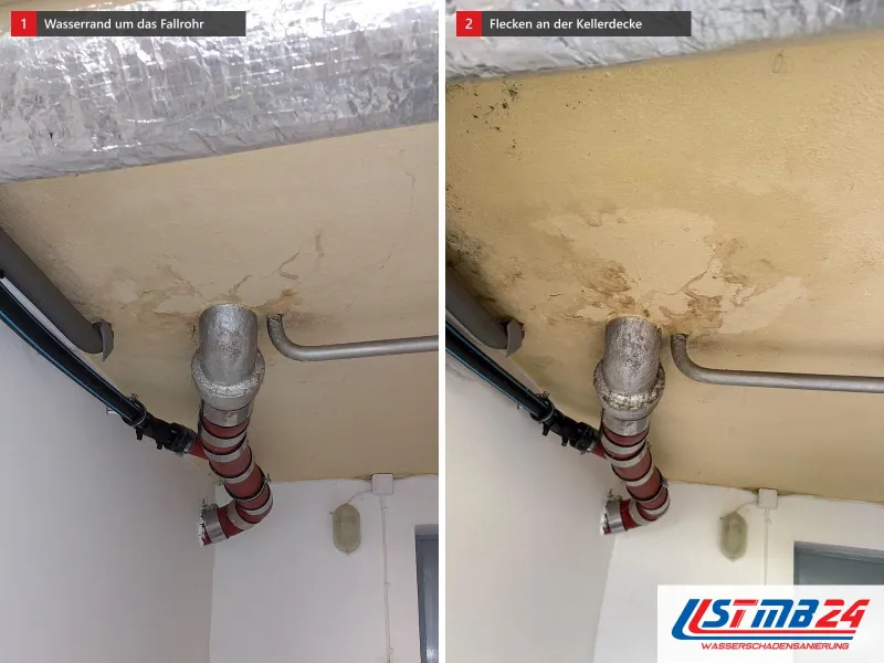 Zwei Ansichten: Fallrohr unter der Decke mit Wasserrand ringsum, daneben Kellerdecke mit dunklen Wasserflecken rund um ein Gussfallrohr und Leitungen