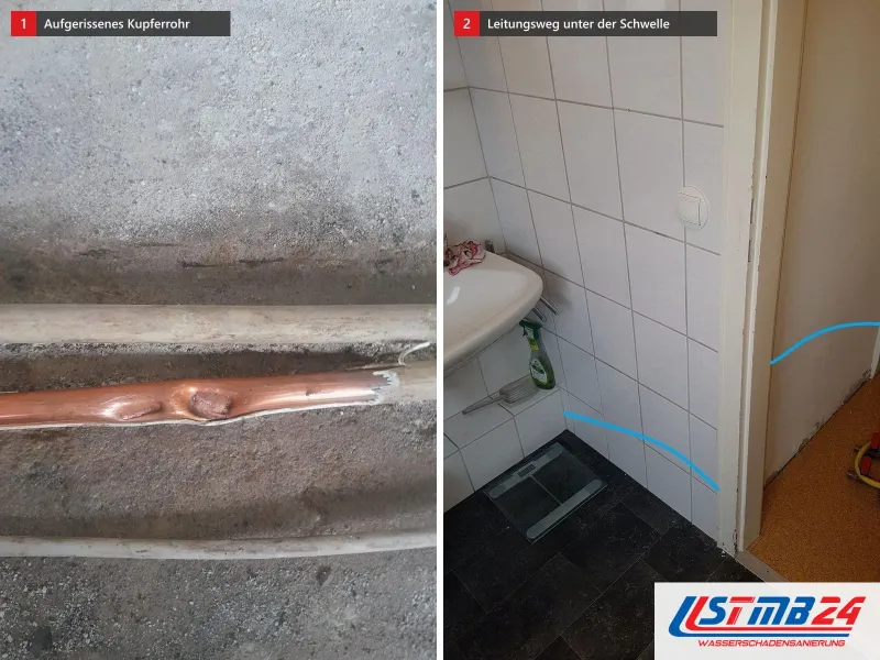 Zwei Ansichten: aufgerissenes Kupferrohr zwischen zwei Kunststoffleitungen auf Beton, daneben Badtür mit blauen Linien für den Leitungsweg