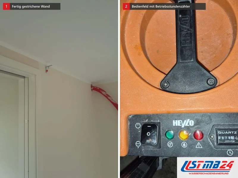 Zwei Ansichten: frisch gestrichene Wand bis an Decke und Türzarge, daneben Bedienfeld eines Trockners mit Schalter und Betriebsstundenzähler