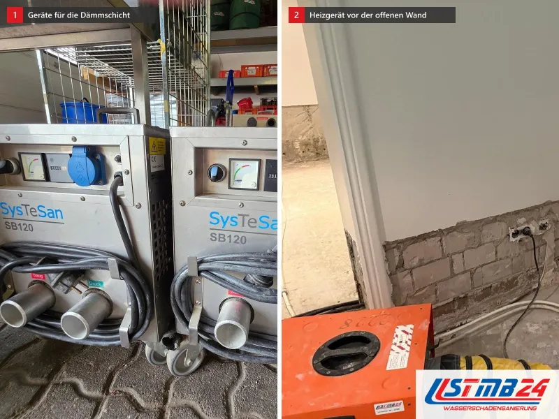 Zwei Ansichten: zwei Trocknungsgeräte mit Anschlüssen für Saug und Druck, daneben rotes Heizgerät mit gelbem Schlauch vor einer Wand ohne Putz