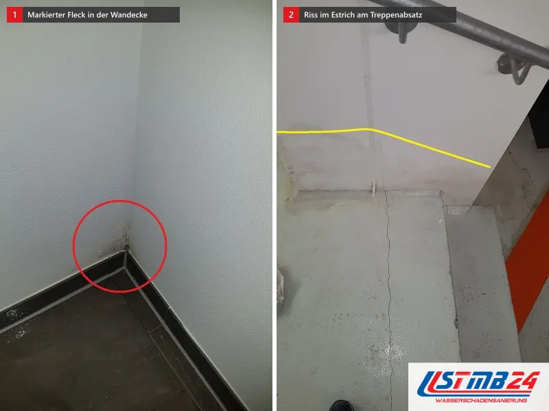 Zwei Ansichten: Wandecke über dunklem Boden mit rot umkreistem Fleck, daneben Treppenabsatz mit Riss im Estrich und gelber Linie an der Wand