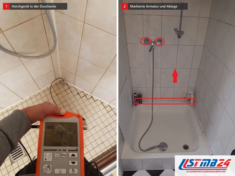 Zwei Ansichten: Horchgerät mit Mikrofon in der Ecke einer Dusche mit Mosaikboden, daneben Dusche mit rot umkreister Armatur und Ablage