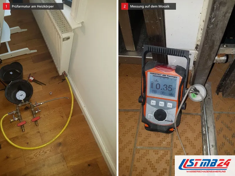Zwei Ansichten: Prüfarmatur mit Manometer am Heizkörperanschluss unter dem Fenster, daneben Messgerät mit Anzeige auf Mosaikfliesen vor einer Tür
