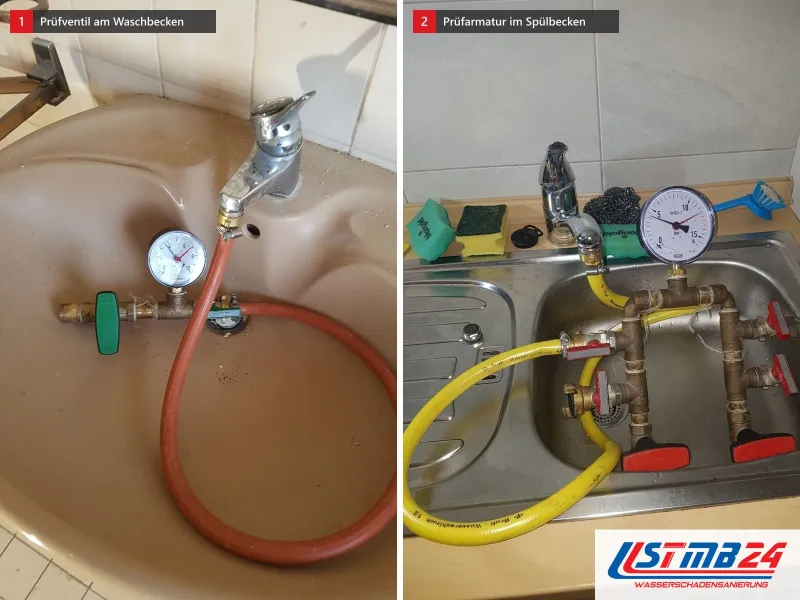 Zwei Ansichten: Waschbecken mit Prüfventil und rotem Schlauch, daneben Prüfarmatur aus Messing mit Manometer und roten Kugelhähnen im Spülbecken