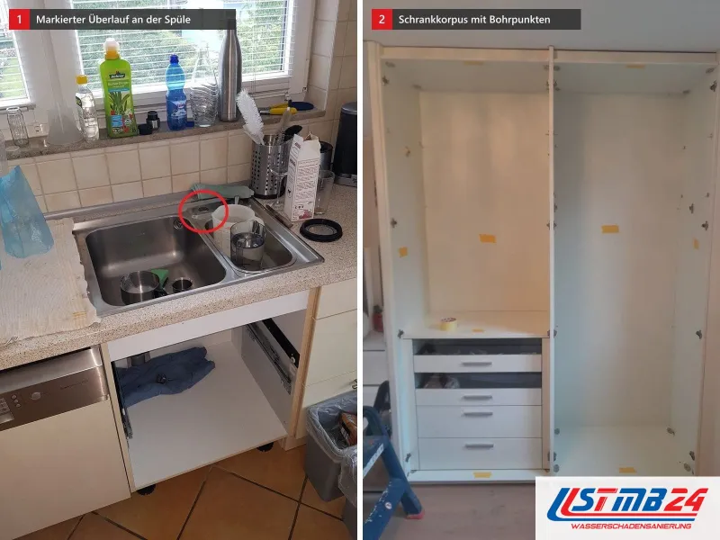Zwei Ansichten: Spüle mit offenem Unterschrank und rot markiertem Überlauf, daneben Schrankkorpus ohne Türen mit Malerkrepp an den Bohrpunkten