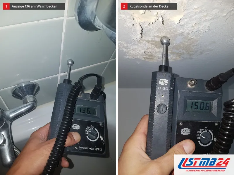 Zwei Ansichten: Messgerät mit Anzeige 136 an der Wand am Waschbecken, daneben Kugelsonde an einer Decke mit abblätternder Farbe und Anzeige 150,6