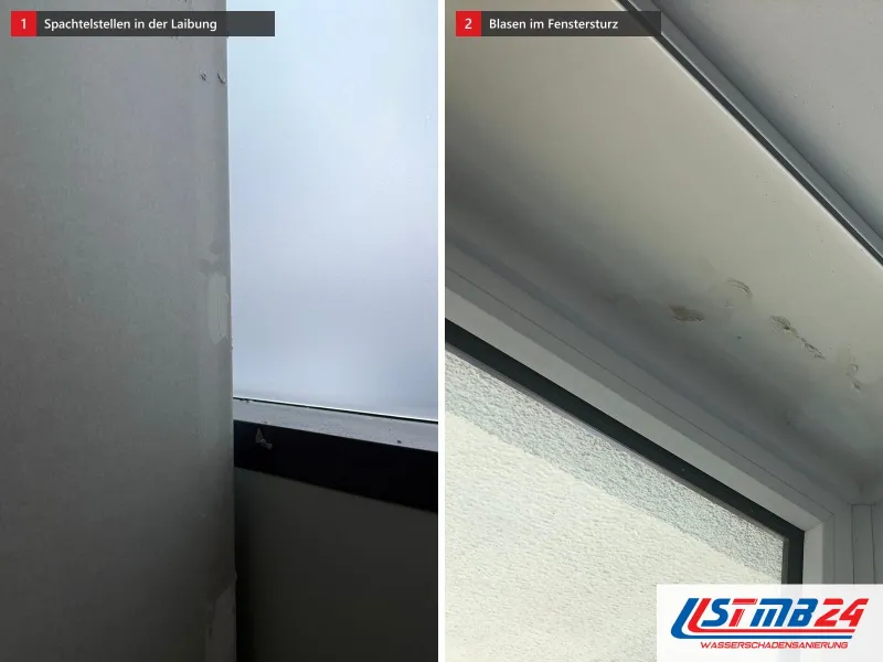 Zwei Ansichten: Fensterlaibung mit Spachtelstellen neben dunklem Rahmen und Milchglas, daneben Eckfenster mit gelblichen Flecken und Blasen im Sturz