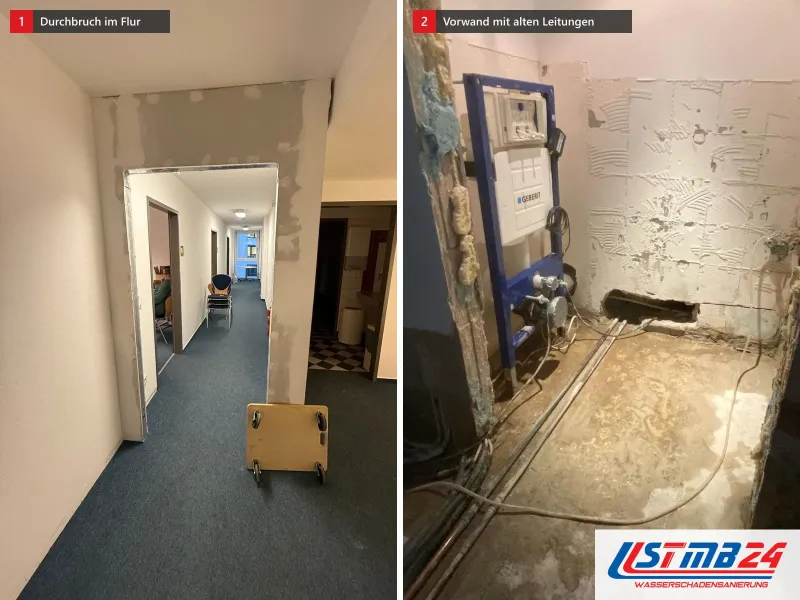 Zwei Ansichten: Korridor mit gespachteltem Durchbruch in einer Trockenbauwand, daneben Vorwand mit blauem WC-Element und alten Leitungen im Boden
